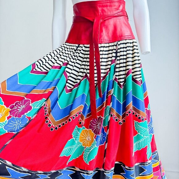 Vintage Wayne Clark Colourful Geometric Print Leather Detail Maxi Skirt S - Picture 5 of 10